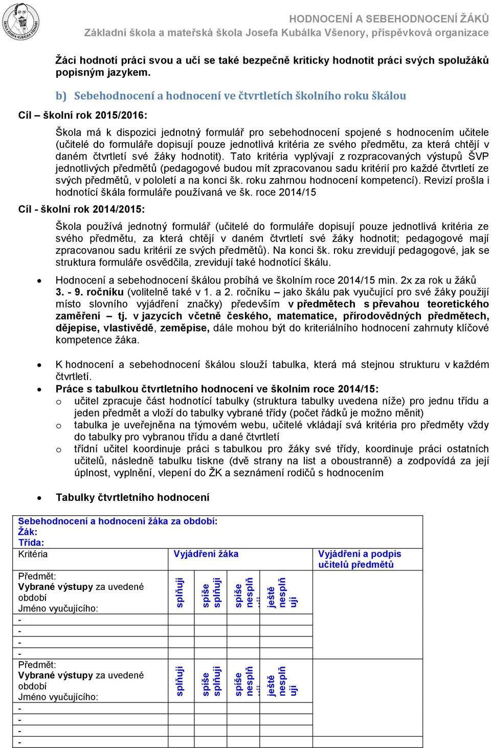 svého předmětu, za která chtějí v daném čtvrtletí své žáky hodnotit).