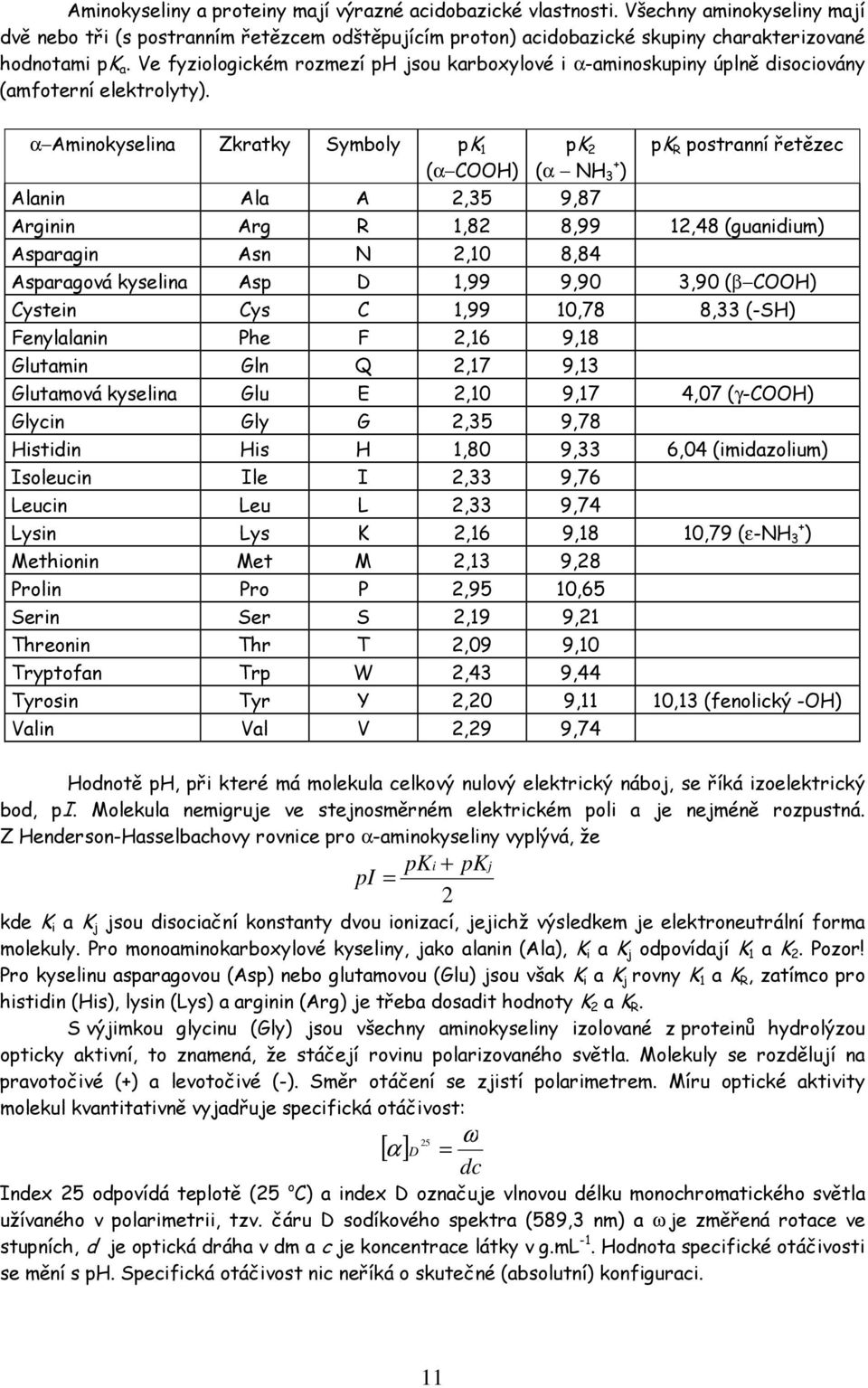 α Aminokyselina Zkratky Symboly pk 1 (α ) pk 2 (α N 3 ) Alanin Ala A 2,35 9,87 pk R postranní řetězec Arginin Arg R 1,82 8,99 12,48 (guanidium) Asparagin Asn N 2,10 8,84 Asparagová kyselina Asp D