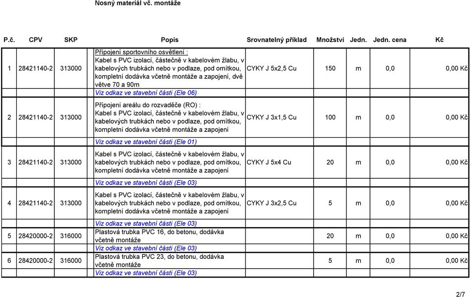 včetně montáže a zapojení, dvě větve 70 a 90m CYKY J 5x2,5 Cu 150 m 0,0 Přípojení areálu do rozvaděče (RO) : CYKY J 3x1,5 Cu 100 m 0,0 kompletní dodávka včetně montáže a zapojení Viz odkaz