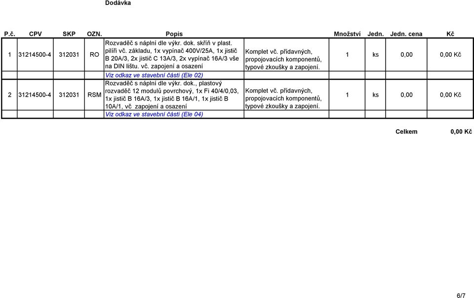 zapojení a osazení Viz odkaz ve stavební části (Ele 02) 2 31214500-4 312031 RSM Rozvaděč s náplní dle výkr. dok.