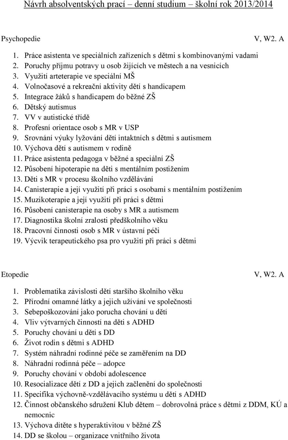 Integrace žáků s handicapem do běžné ZŠ 6. Dětský autismus 7. VV v autistické třídě 8. Profesní orientace osob s MR v USP 9. Srovnání výuky lyžování dětí intaktních s dětmi s autismem 10.