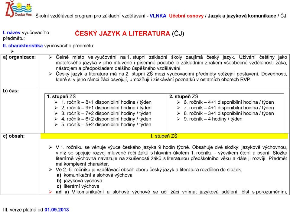 Český jazyk a literatura má na 2. stupni ZŠ mezi vyučovacími předměty stěžejní postavení. Dovednosti, které si v jeho rámci žáci osvojují, umožňují i získávání poznatků v ostatních oborech RVP.