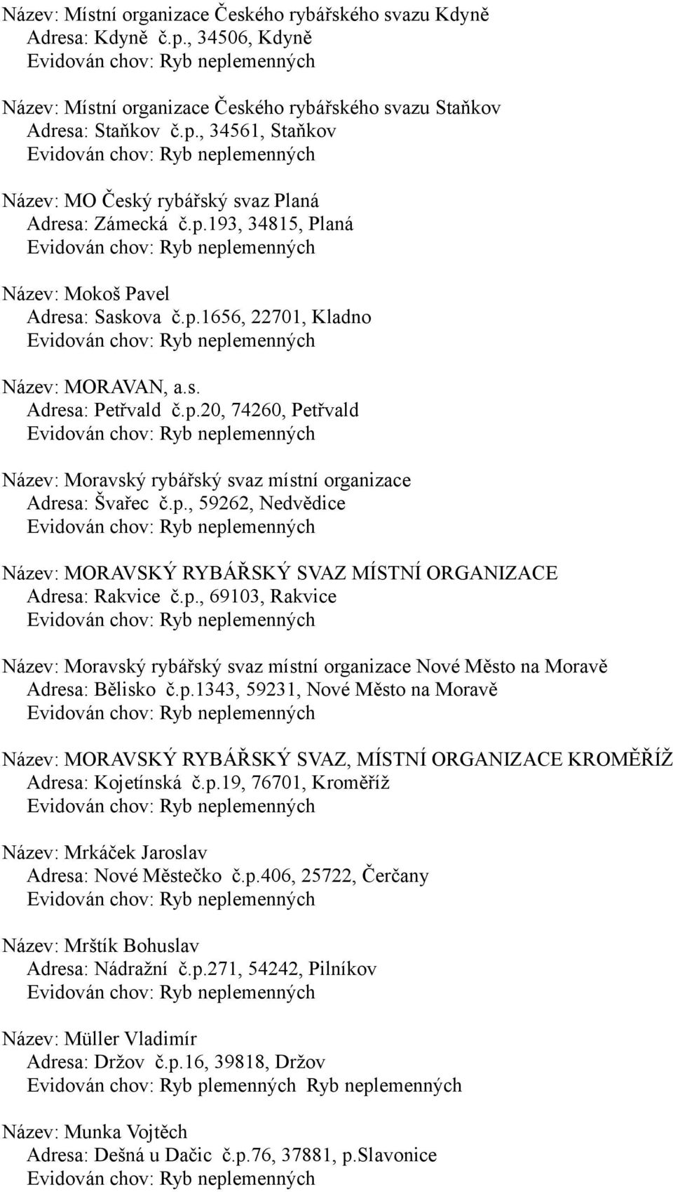 p., 59262, Nedvědice Název: MORAVSKÝ RYBÁŘSKÝ SVAZ MÍSTNÍ ORGANIZACE Adresa: Rakvice č.p., 69103, Rakvice Název: Moravský rybářský svaz místní organizace Nové Město na Moravě Adresa: Bělisko č.p.1343, 59231, Nové Město na Moravě Název: MORAVSKÝ RYBÁŘSKÝ SVAZ, MÍSTNÍ ORGANIZACE KROMĚŘÍŽ Adresa: Kojetínská č.