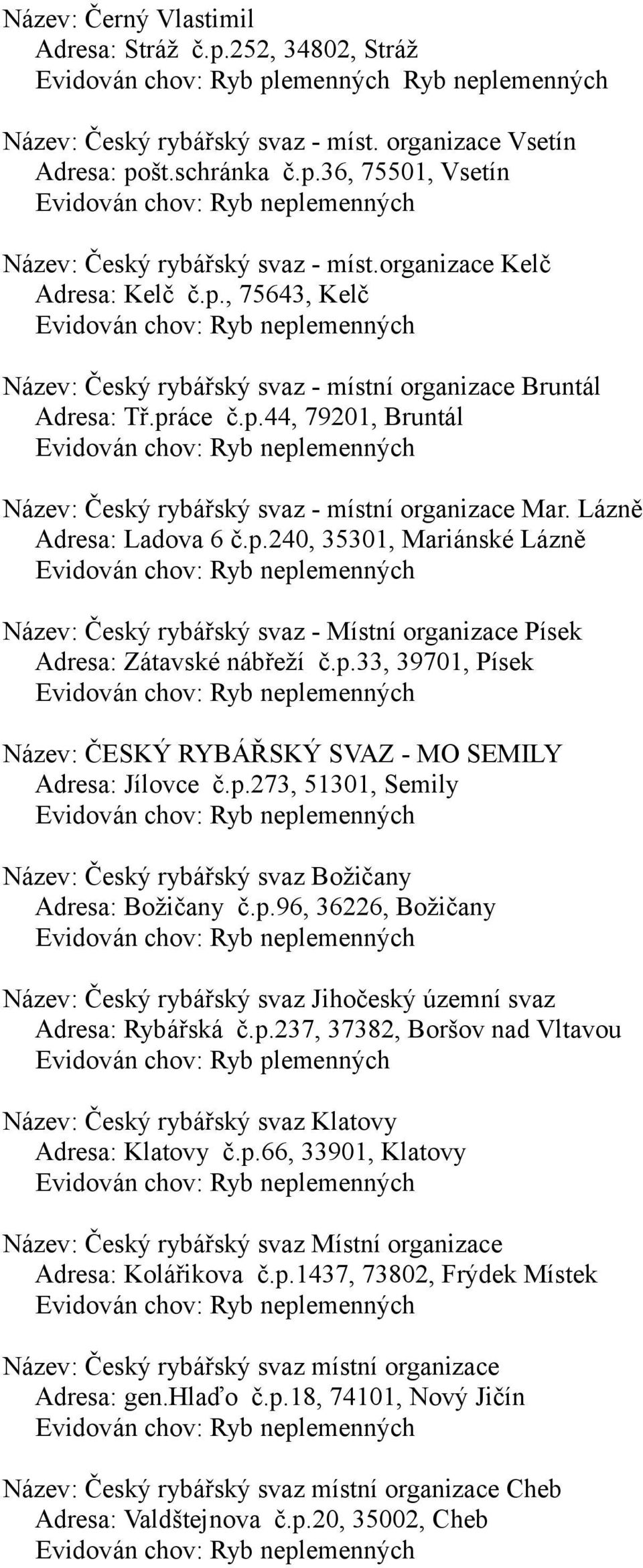 Lázně Adresa: Ladova 6 č.p.240, 35301, Mariánské Lázně Název: Český rybářský svaz - Místní organizace Písek Adresa: Zátavské nábřeží č.p.33, 39701, Písek Název: ČESKÝ RYBÁŘSKÝ SVAZ - MO SEMILY Adresa: Jílovce č.