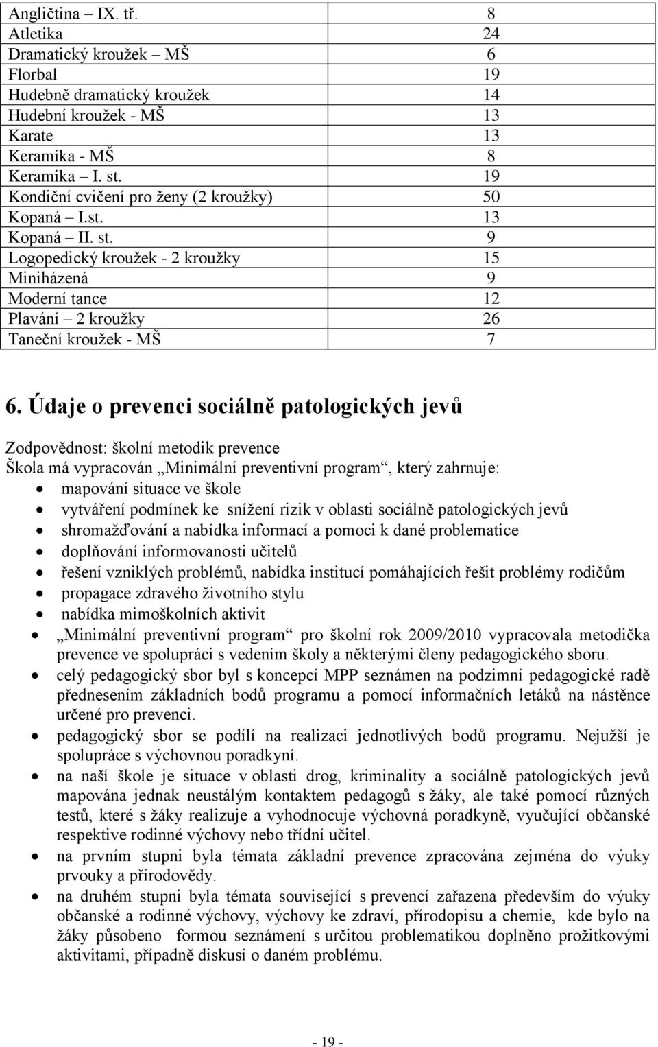 Údaje o prevenci sociálně patologických jevů Zodpovědnost: školní metodik prevence Škola má vypracován Minimální preventivní program, který zahrnuje: mapování situace ve škole vytváření podmínek ke