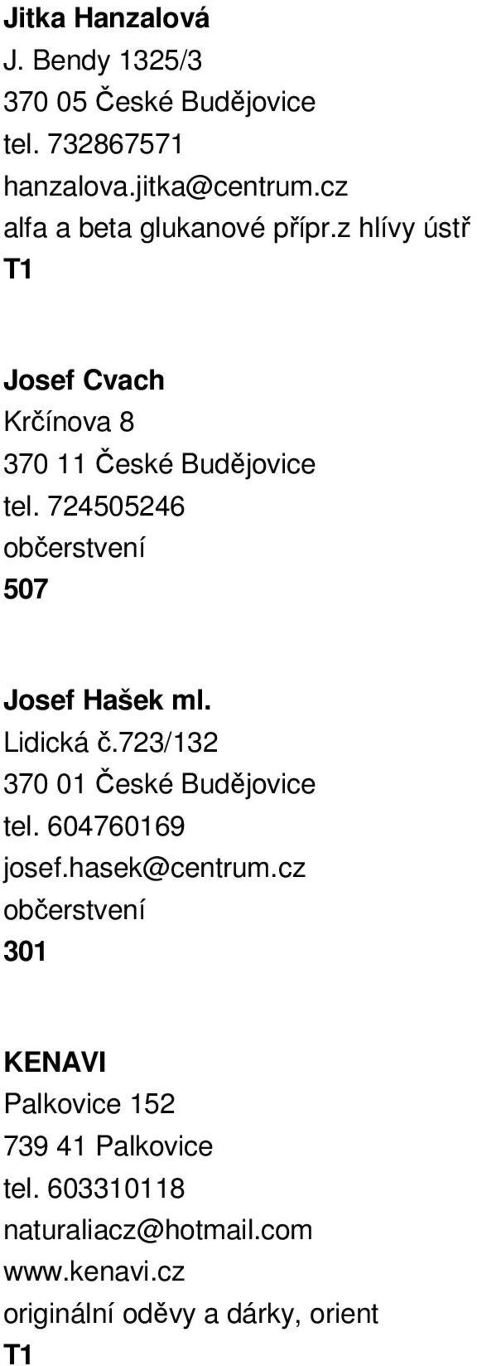 724505246 občerstvení 507 Josef Hašek ml. Lidická č.723/132 370 01 České Budějovice tel. 604760169 josef.