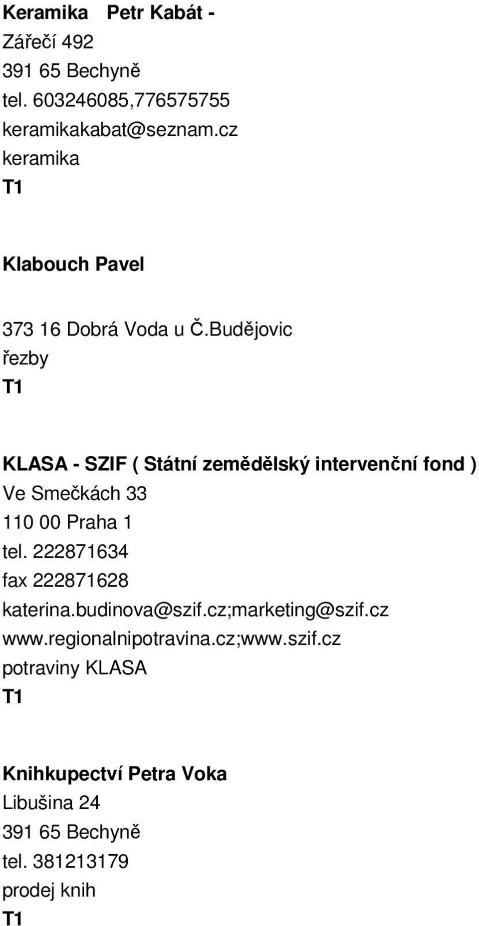 Budějovic řezby KLASA - SZIF ( Státní zemědělský intervenční fond ) Ve Smečkách 33 110 00 Praha 1 tel.