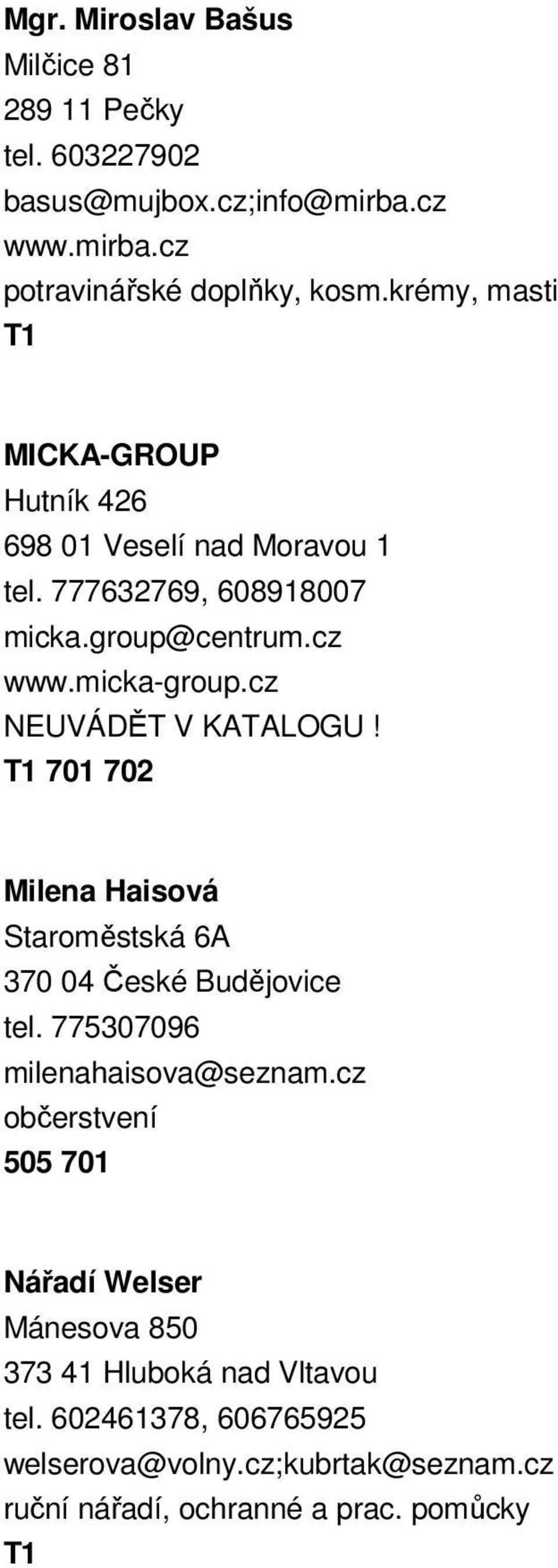 cz NEUVÁDĚT V KATALOGU! 701 702 Milena Haisová Staroměstská 6A 370 04 České Budějovice tel. 775307096 milenahaisova@seznam.