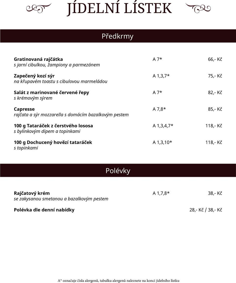 čerstvého lososa A 1,3,4,7* 118,- Kč s bylinkovým dipem a topinkami 100 g Dochucený hovězí tataráček A 1,3,10* 118,- Kč s topinkami Polévky Rajčatový krém A 1,7,8*