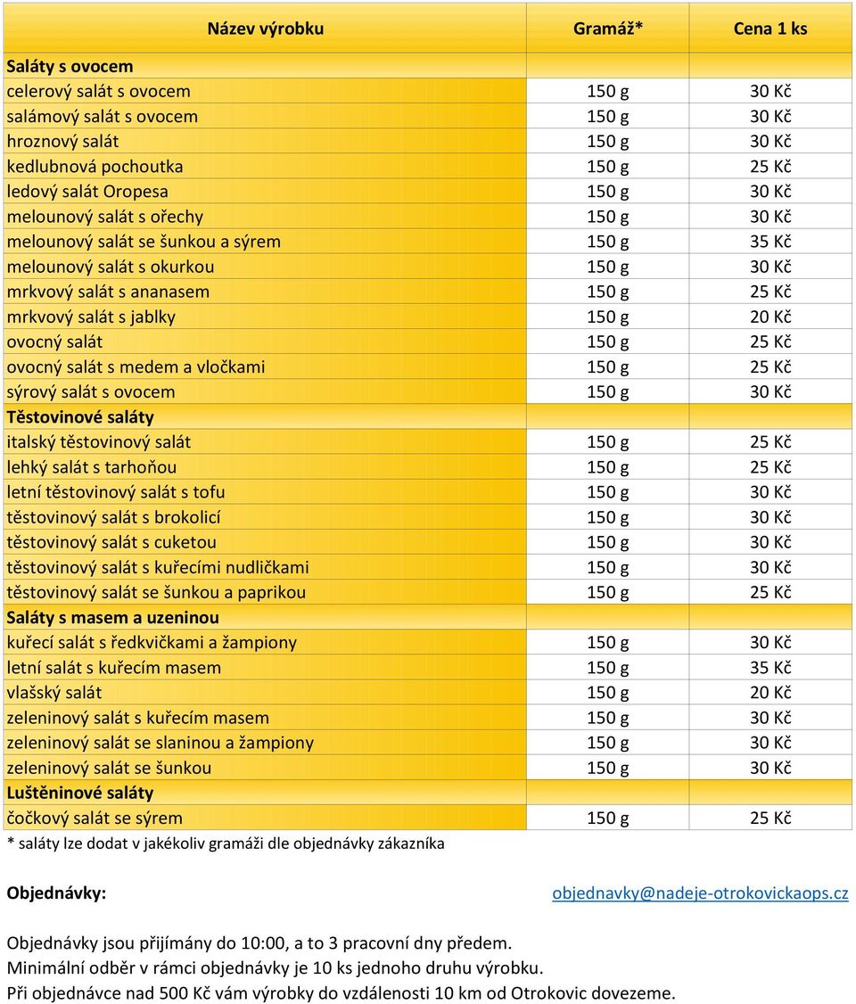 jablky 150 g 20 Kč ovocný salát 150 g 25 Kč ovocný salát s medem a vločkami 150 g 25 Kč sýrový salát s ovocem 150 g 30 Kč Těstovinové saláty italský těstovinový salát 150 g 25 Kč lehký salát s