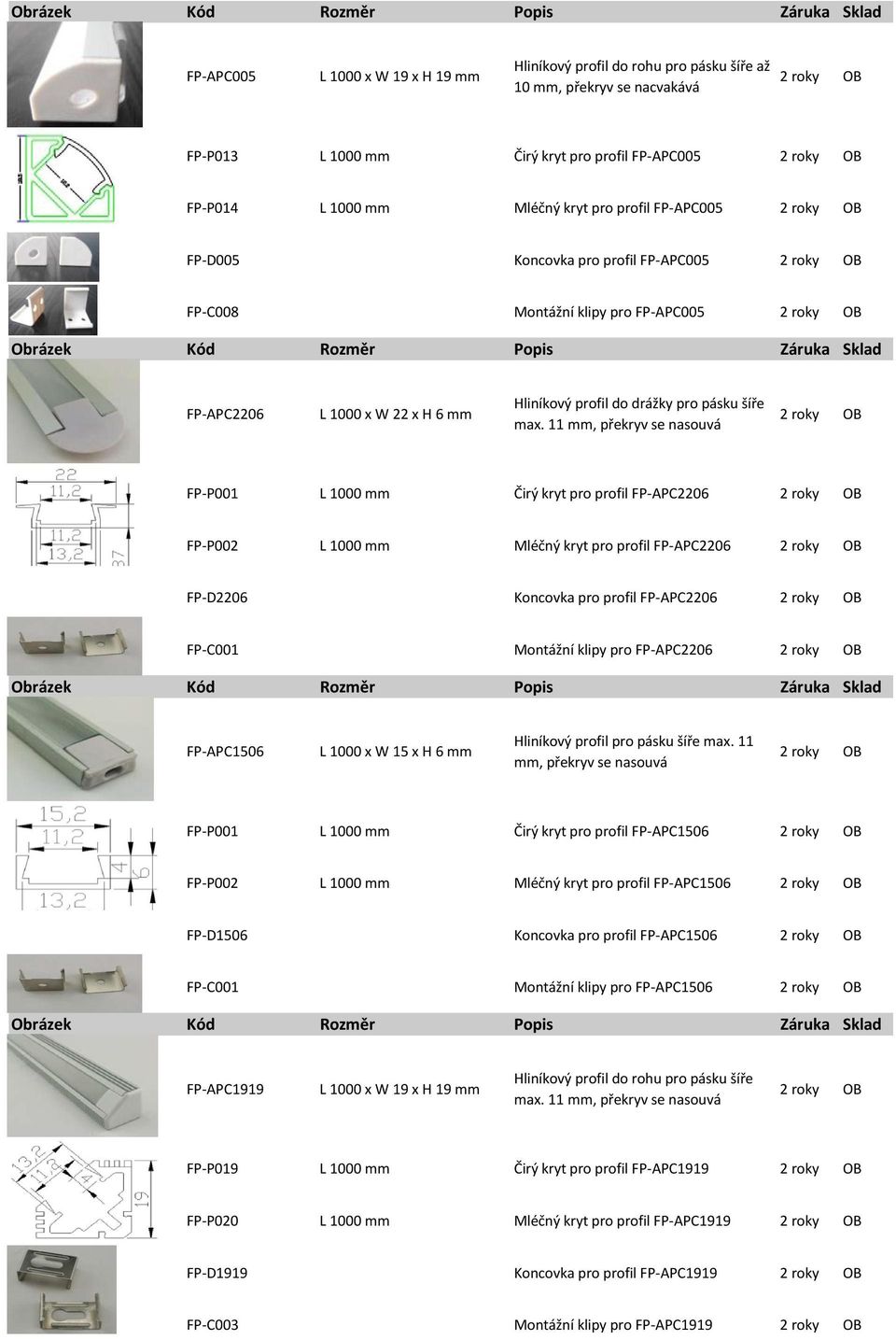 11 mm, překryv se nasouvá FP-P001 L 1000 mm Čirý kryt pro profil FP-APC2206 FP-P002 L 1000 mm Mléčný kryt pro profil FP-APC2206 FP-D2206 Koncovka pro profil FP-APC2206 FP-C001 Montážní klipy pro