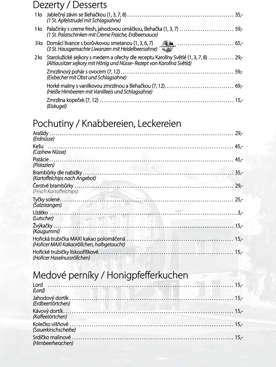 Hausgemachte Liwanzen mit Heidelbeersahne) 2 ks Starolužické sejkory s medem a ořechy dle receptu Karolíny Světlé (1, 3, 7, 8).