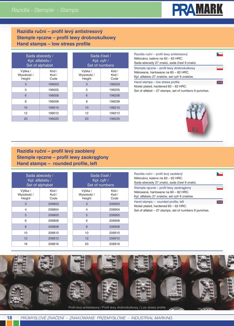 cyfr / Set of numbers Výška / Wysokość / Height 3 196203 5 196205 6 196206 8 196208 10 196210 12 196212 20 196220 Razidla ruční profil lewy antistresový Niklováno, kaleno na 60 62 HRC.