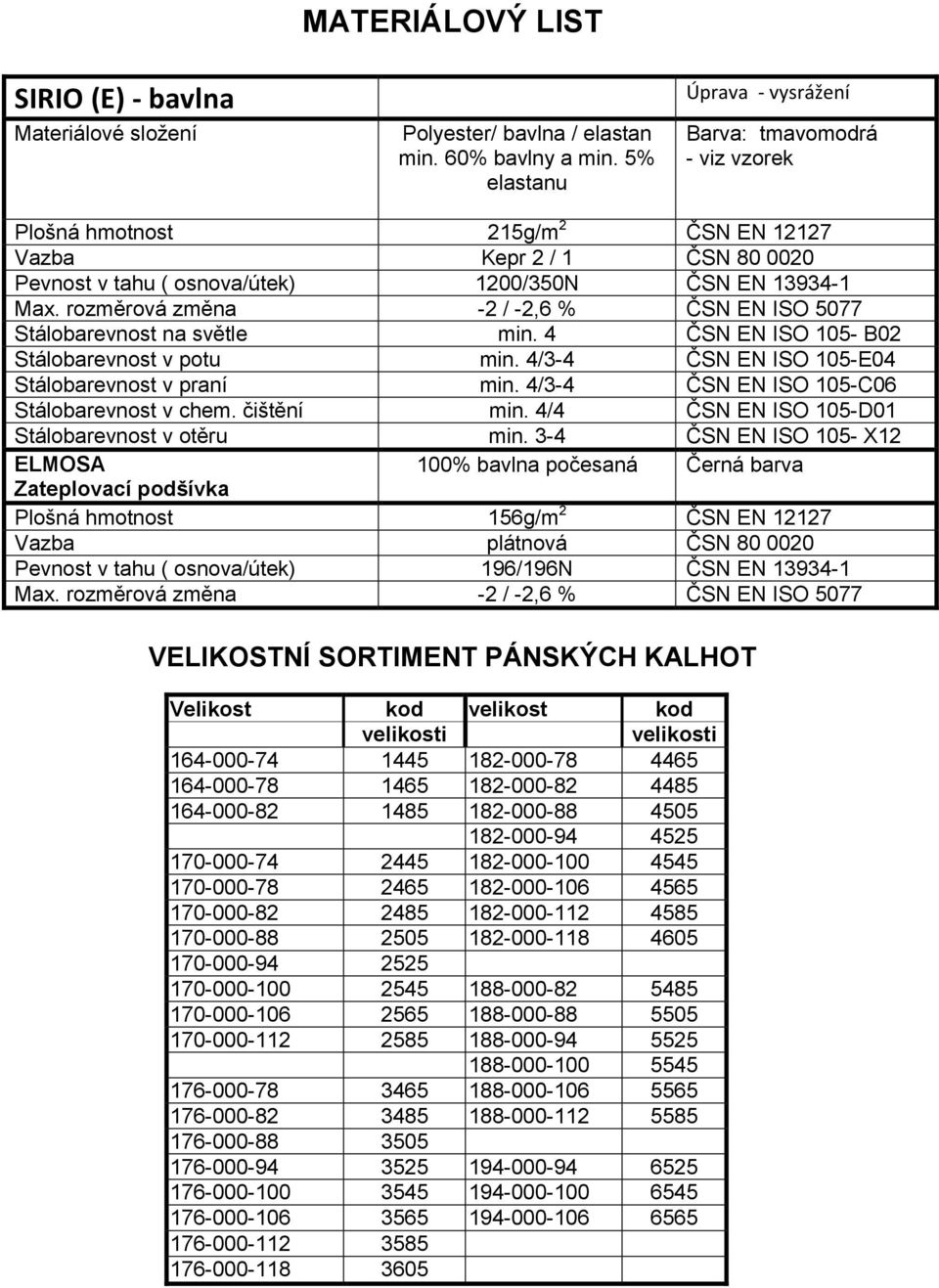 rozměrová změna -2 / -2,6 % ČSN EN ISO 5077 Stálobarevnost na světle min. 4 ČSN EN ISO 105- B02 Stálobarevnost v potu min. 4/3-4 ČSN EN ISO 105-E04 Stálobarevnost v praní min.