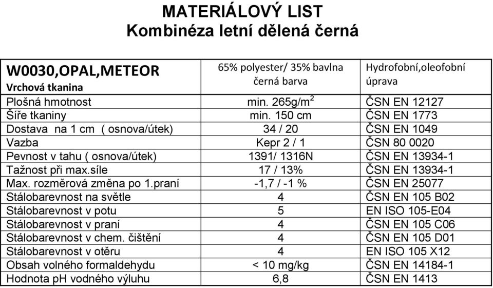 150 cm ČSN EN 1773 Dostava na 1 cm ( osnova/útek) 34 / 20 ČSN EN 1049 Vazba Kepr 2 / 1 ČSN 80 0020 Pevnost v tahu ( osnova/útek) 1391/ 1316N ČSN EN 13934-1 Tažnost při max.