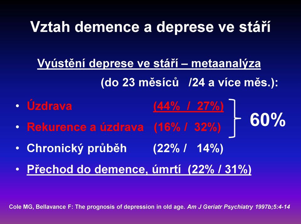 ): Úzdrava (44% / 27%) Rekurence a úzdrava (16% / 32%) Chronický průběh (22% /