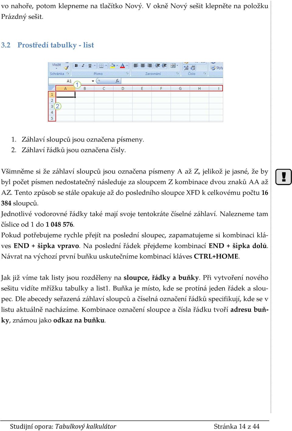 Všimněme si že záhlaví sloupců jsou označena písmeny A až Z, jelikož je jasné, že by byl počet písmen nedostatečný následuje za sloupcem Z kombinace dvou znaků AA až AZ.