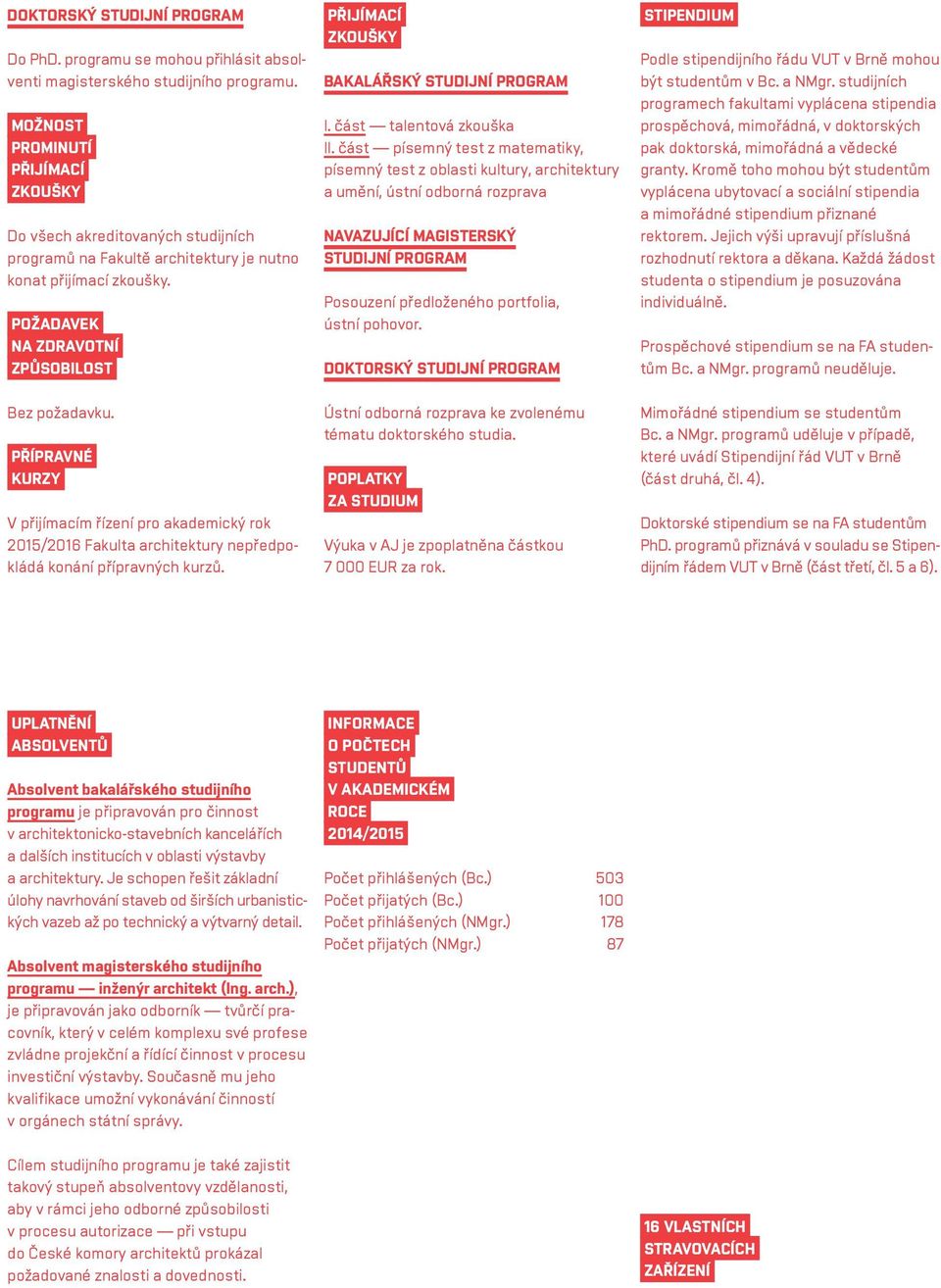 Přípravné kurzy V přijímacím řízení pro akademický rok 2015/2016 Fakulta architektury nepředpokládá konání přípravných kurzů. Přijímací Bakalářský studijní program I. část talentová zkouška II.