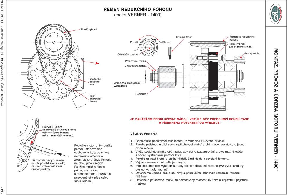 ŘEMEN REDUKČNÍHO POHONU (motor VERNER - 1400) JE ZAKÁZÁNO PRODLUŽOVAT NÁBOJ VRTULE BEZ PŘEDCHOZÍ KONZULTACE A PÍSEMNÉHO POTVRZENÍ OD VÝROBCE. VÝMĚNA ŘEMENU 1.