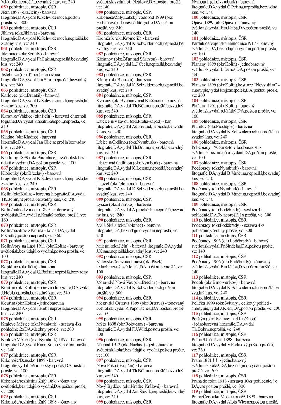 tábor) - tónovaná litografie,da,vydal Jan Síbrt,neprošlá,bezvadný 063 pohlednice, místopis, ČSR Karlovec (okr.bruntál) - barevná zvadný kus, vc: 064 pohlednice, místopis, ČSR Kartouzy/Valdice (okr.