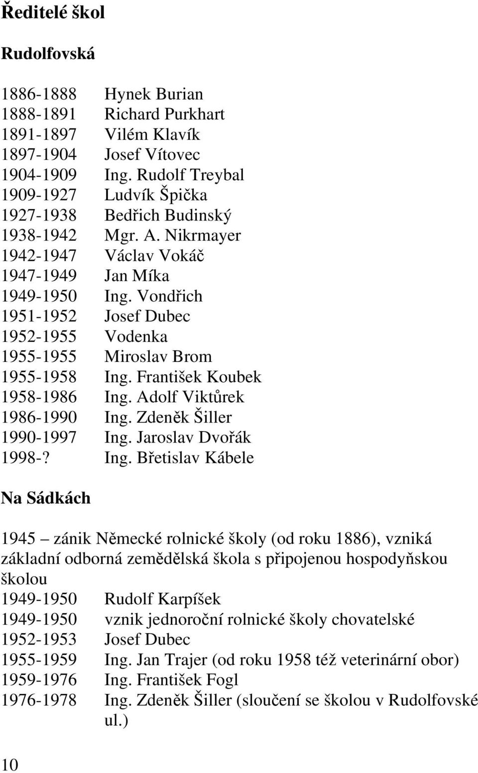 Vondřich 1951-1952 Josef Dubec 1952-1955 Vodenka 1955-1955 Miroslav Brom 1955-1958 Ing. František Koubek 1958-1986 Ing. Adolf Viktůrek 1986-1990 Ing. Zdeněk Šiller 1990-1997 Ing.