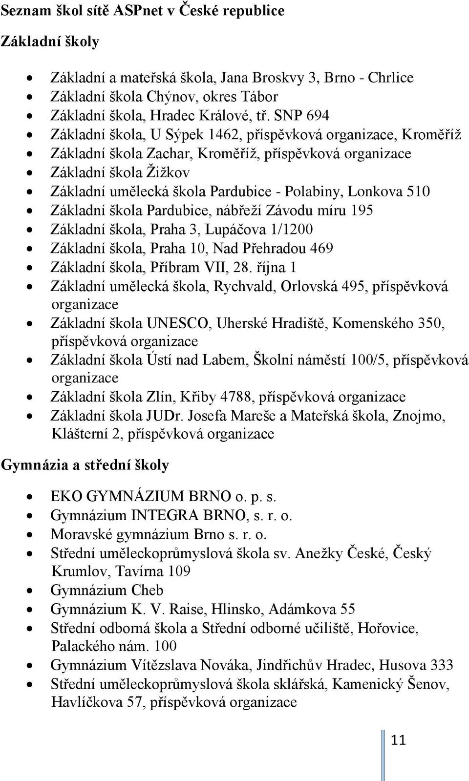 Lonkova 510 Základní škola Pardubice, nábřeží Závodu míru 195 Základní škola, Praha 3, Lupáčova 1/1200 Základní škola, Praha 10, Nad Přehradou 469 Základní škola, Příbram VII, 28.