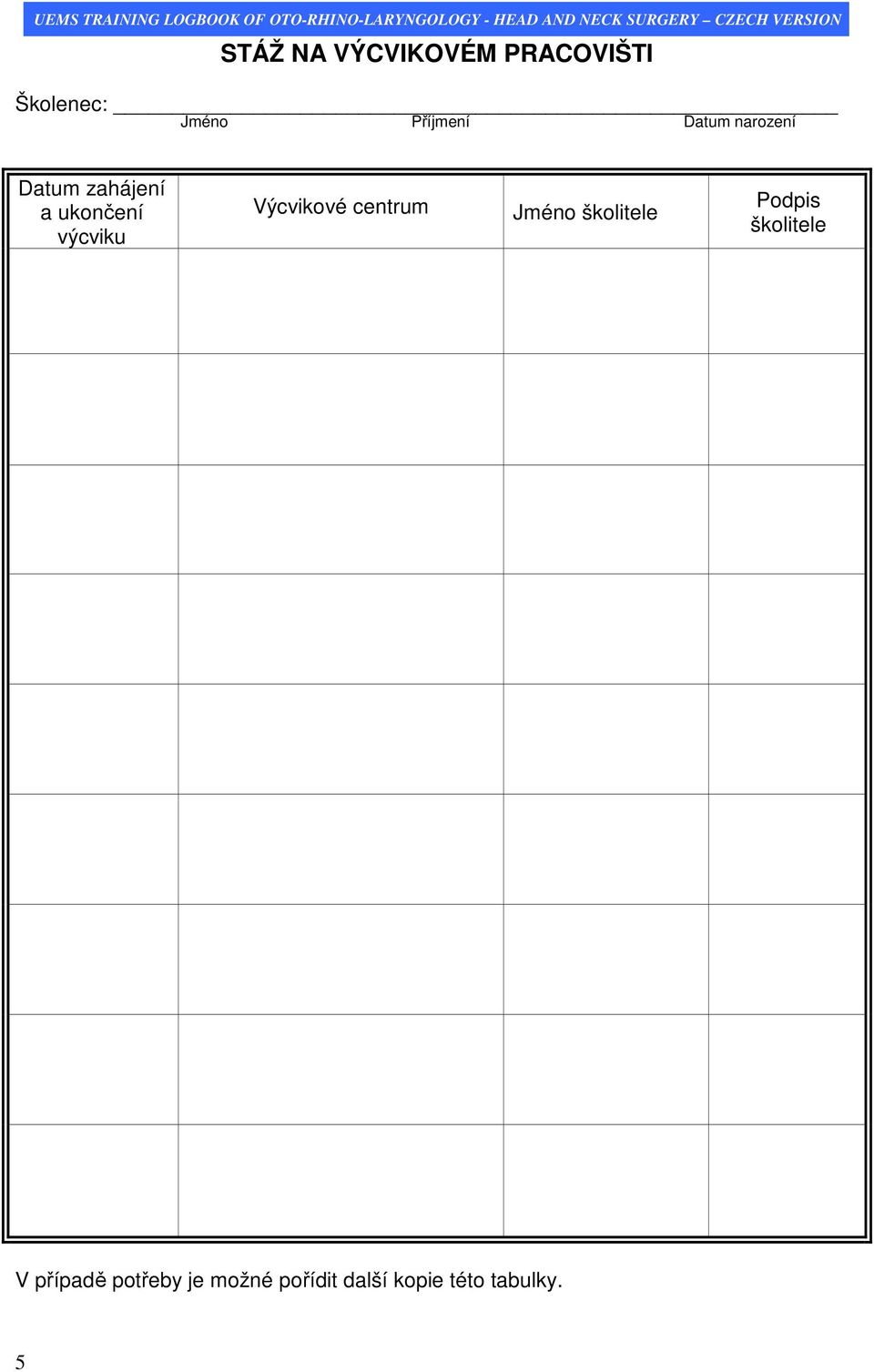 Výcvikové centrum Jméno školitele Podpis školitele V