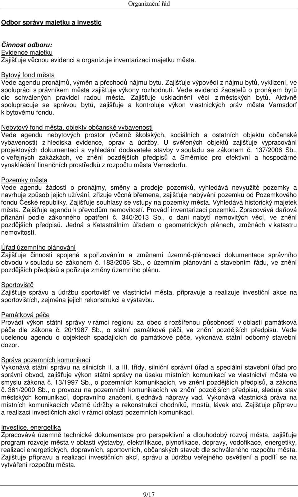 Vede evidenci žadatelů o pronájem bytů dle schválených pravidel radou města. Zajišťuje uskladnění věcí z městských bytů.