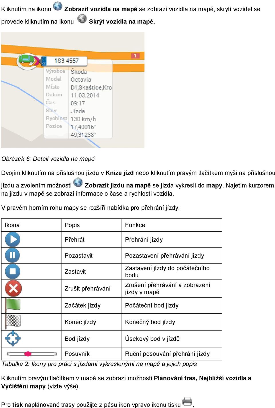 vykreslí do mapy. Najetím kurzorem na jízdu v mapě se zobrazí informace o čase a rychlosti vozidla.