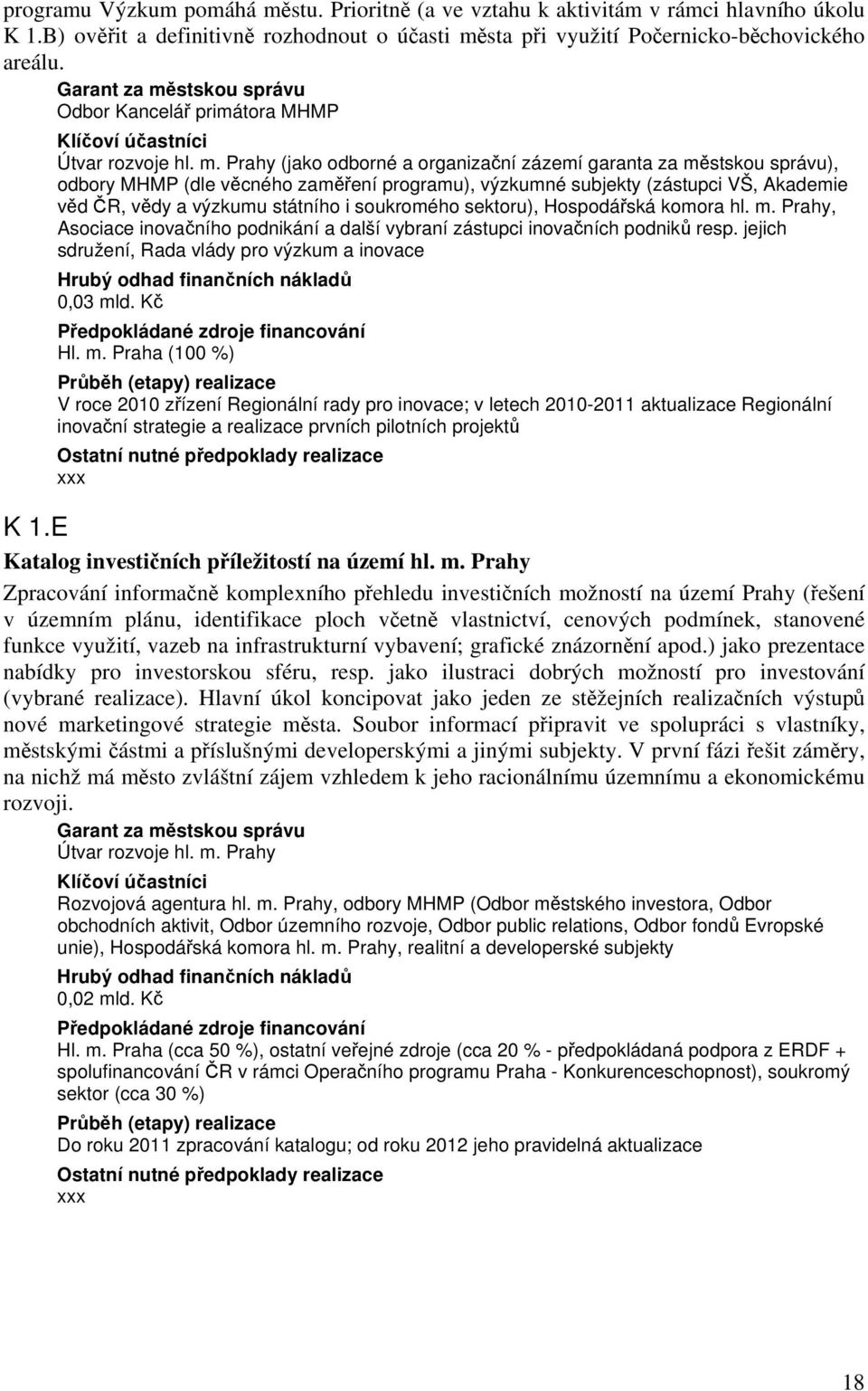 Prahy (jako odborné a organizační zázemí garanta za městskou správu), odbory MHMP (dle věcného zaměření programu), výzkumné subjekty (zástupci VŠ, Akademie věd ČR, vědy a výzkumu státního i