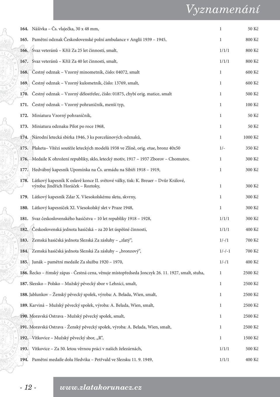 Čestný odznak Vzorný kulometník, číslo: 13769, smalt, 1 600 Kč 170. Čestný odznak Vzorný dělostřelec, číslo: 01875, chybí orig. matice, smalt 1 500 Kč 171.