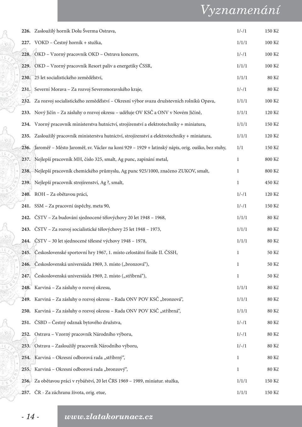 Za rozvoj socialistického zemědělství Okresní výbor svazu družstevních rolníků Opava, 1/1/1 100 Kč 233. Nový Jičín Za zásluhy o rozvoj okresu uděluje OV KSČ a ONV v Novém Jičíně, 1/1/1 120 Kč 234.