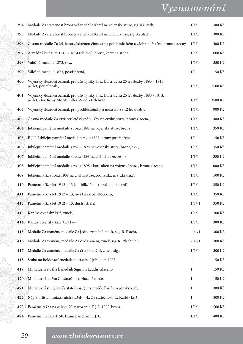 Armádní kříž z let 1813 1814 (dělový), bronz, červená stuha, 1/1/1 5000 Kč 398. Válečná medaile 1873, skv., 1/1/1 350 Kč 399. Válečná medaile 1873, postříbřená, 1/1 150 Kč 400.