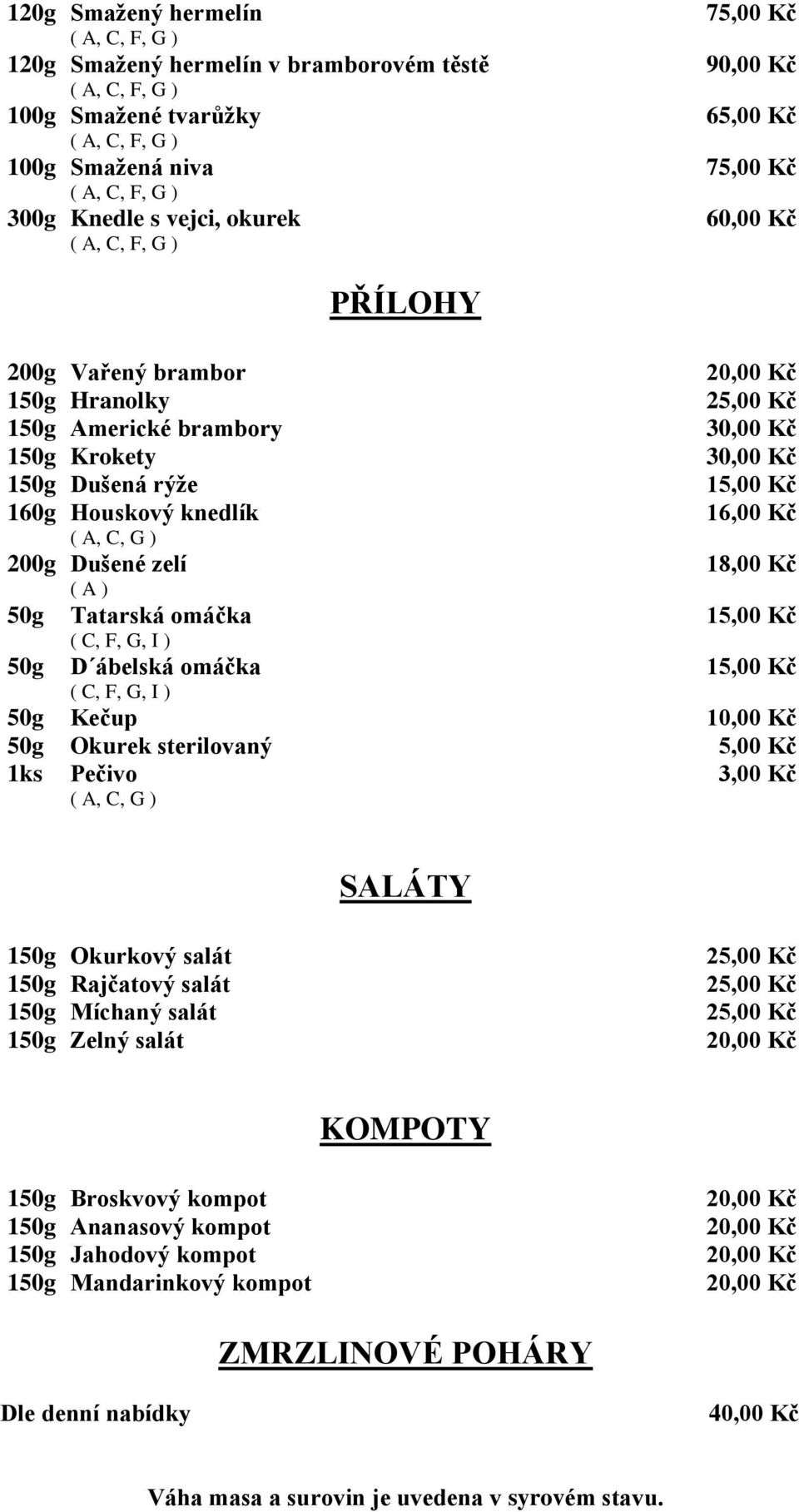 ( C, F, G, I ) PŘÍLOHY 16,00 Kč 18,00 Kč 50g Kečup 10,00 Kč 50g Okurek sterilovaný 5,00 Kč 1ks 3,00 Kč Pečivo ( A, C, G ) SALÁTY 150g Okurkový salát 150g Rajčatový salát 150g