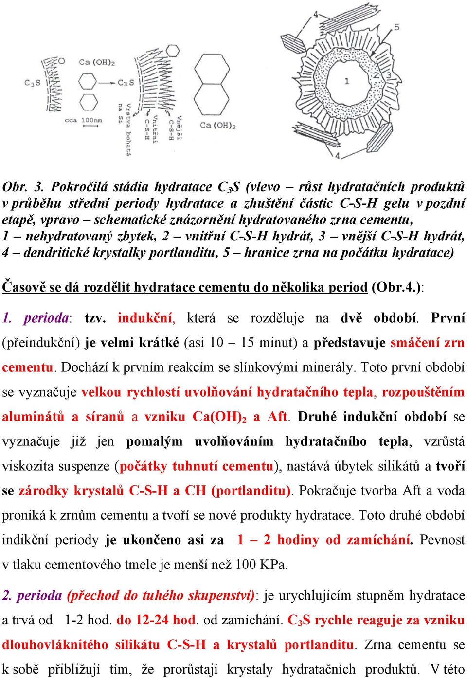 cementu, 1 nehydratovaný zbytek, 2 vnitřní C-S-H hydrát, 3 vnější C-S-H hydrát, 4 dendritické krystalky portlanditu, 5 hranice zrna na počátku hydratace) Časově se dá rozdělit hydratace cementu do