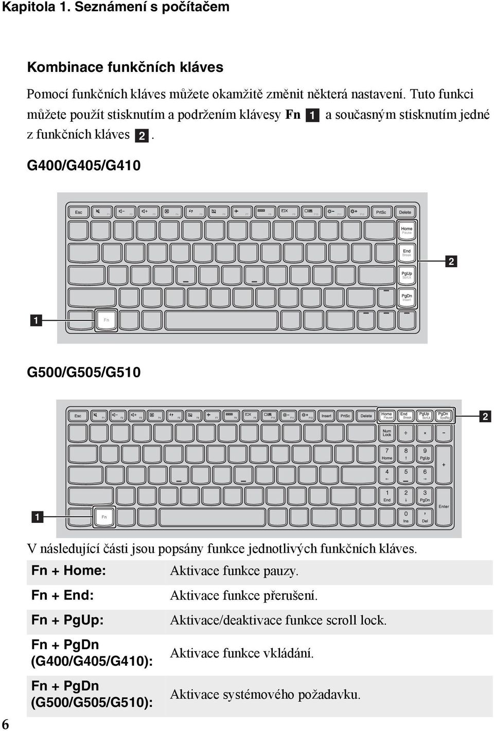 G400/G405/G410 b a G500/G505/G510 b a V následující části jsou popsány funkce jednotlivých funkčních kláves. Fn + Home: Aktivace funkce pauzy.