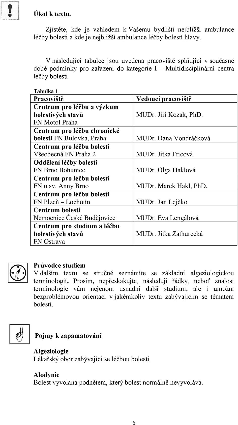 bolestivých stavů FN Motol Praha Centrum pro léčbu chronické bolesti FN Bulovka, Praha Centrum pro léčbu bolesti Všeobecná FN Praha 2 Oddělení léčby bolesti FN Brno Bohunice Centrum pro léčbu bolesti