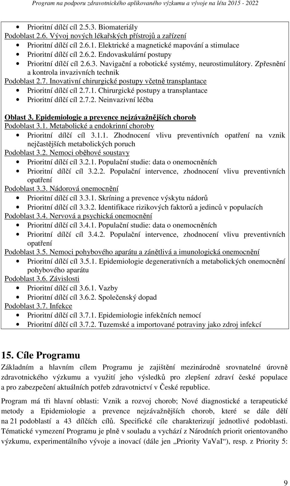 Chirurgické postupy a transplantace Prioritní dílčí cíl 2.7.2. Neinvazivní léčba Oblast 3. Epidemiologie a prevence nejzávažnějších chorob Podoblast 3.1.