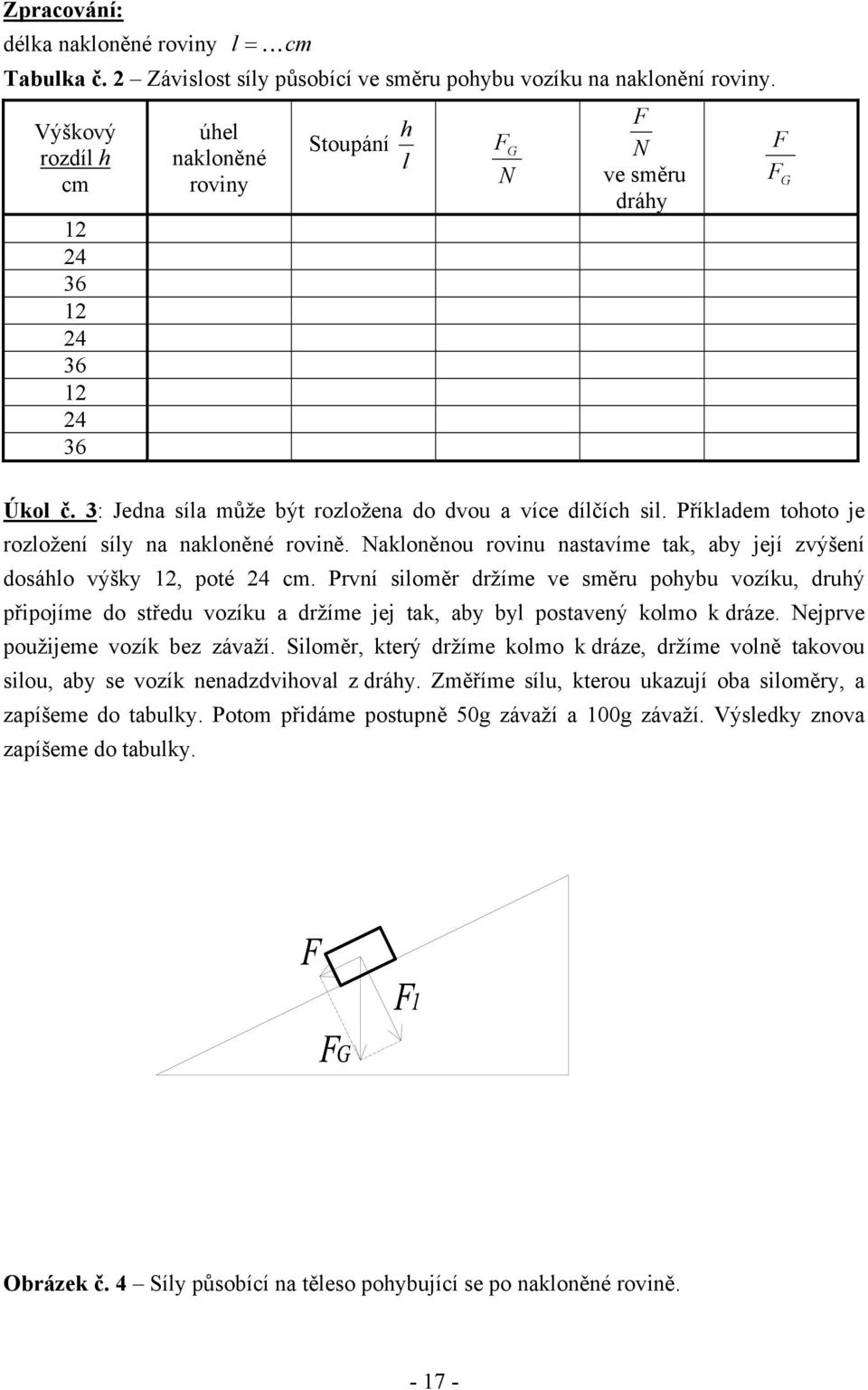 Příkladem tohoto je rozložení síly na nakloněné rovně. Nakloněnou rovnu nastavíme tak, aby její zvýšení dosáhlo výšky, poté 4 cm.
