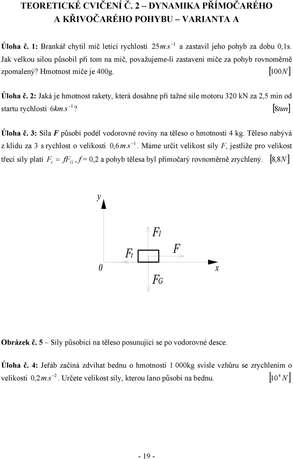 : Jaká je hmotnost rakety, která dosáhne př tažné síle motoru 0 kn za,5 mn od startu rychlost 6km. s? [ 8 tun] Úloha č. : Síla F působí podél vodorovné rovny na těleso o hmotnost 4 kg.