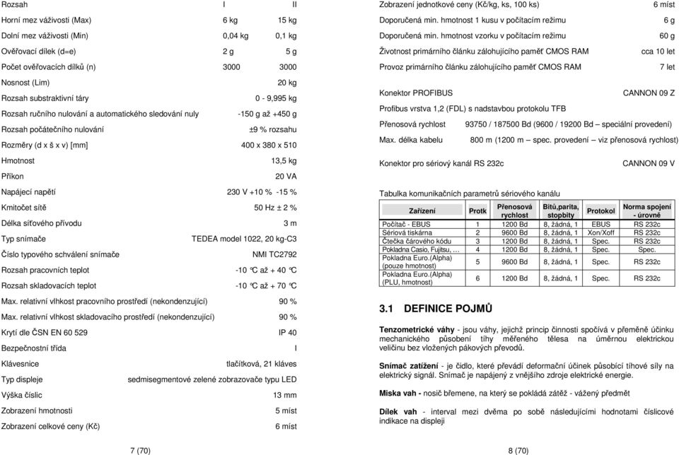 hmotnost vzorku v počítacím režimu 60 g Ověřovací dílek (d=e) 2 g 5 g Počet ověřovacích dílků (n) 3000 3000 Životnost primárního článku zálohujícího paměť CMOS RAM Provoz primárního článku