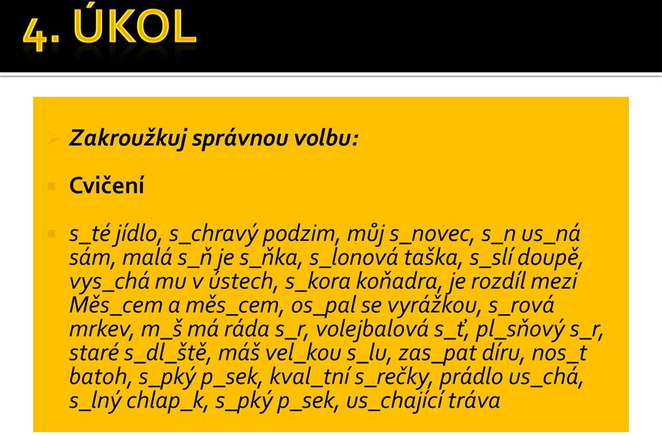 vyrážkou, s_rová mrkev, m_š má ráda s_r, volejbalová s_ť, pl_sňový s_r, staré s_dl_ště, máš vel_kou s_lu,