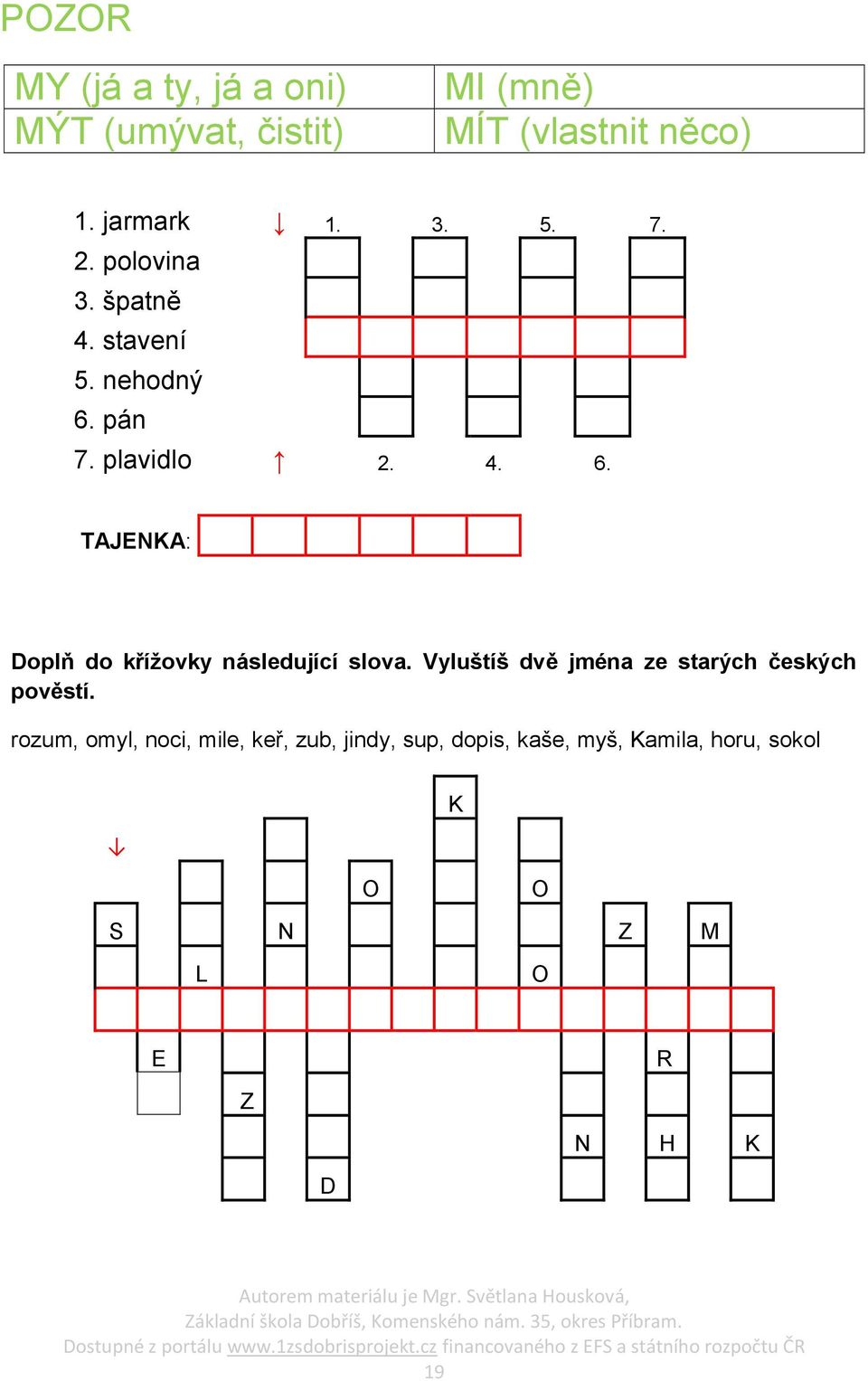 pán 7. plavidlo 2. 4. 6. TAJENKA: Doplň do kříţovky následující slova.