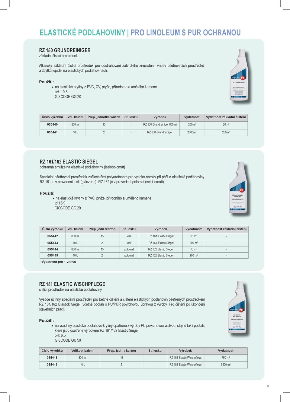 lesku základní čištění 055440 800 ml 15 - RZ 150 Grundreiniger 800 ml 200m 2 20m 2 055441 10 L 2 - RZ 150 Grundreiniger 2500m 2 250m 2 RZ 161/162 Elastic Siegel ochranná emulze na elastické