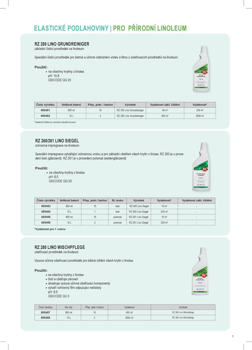 čištění * 055451 800 ml 15 RZ 250 Lino Grundreiniger 40 m 2 200 m 2 055452 10 L 2 RZ 250 Lino Grundreiniger 500 m 2 2500 m 2 * čištění po ukončení stavebních prací RZ 260/261 Lino Siegel ochranná