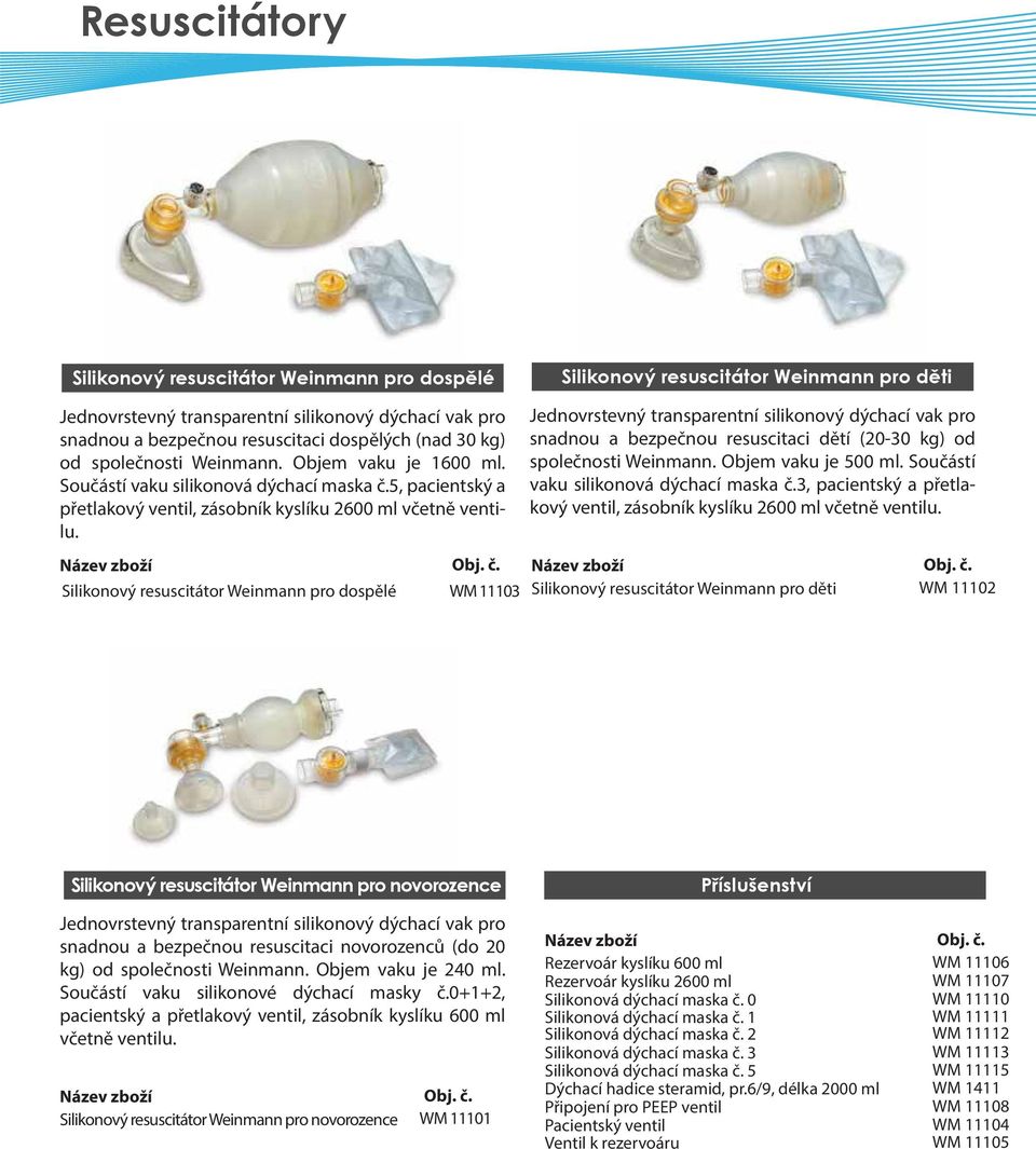 Silikonový resuscitátor Weinmann pro děti Jednovrstevný transparentní silikonový dýchací vak pro snadnou a bezpečnou resuscitaci dětí (20-30 kg) od společnosti Weinmann. Objem vaku je 500 ml.