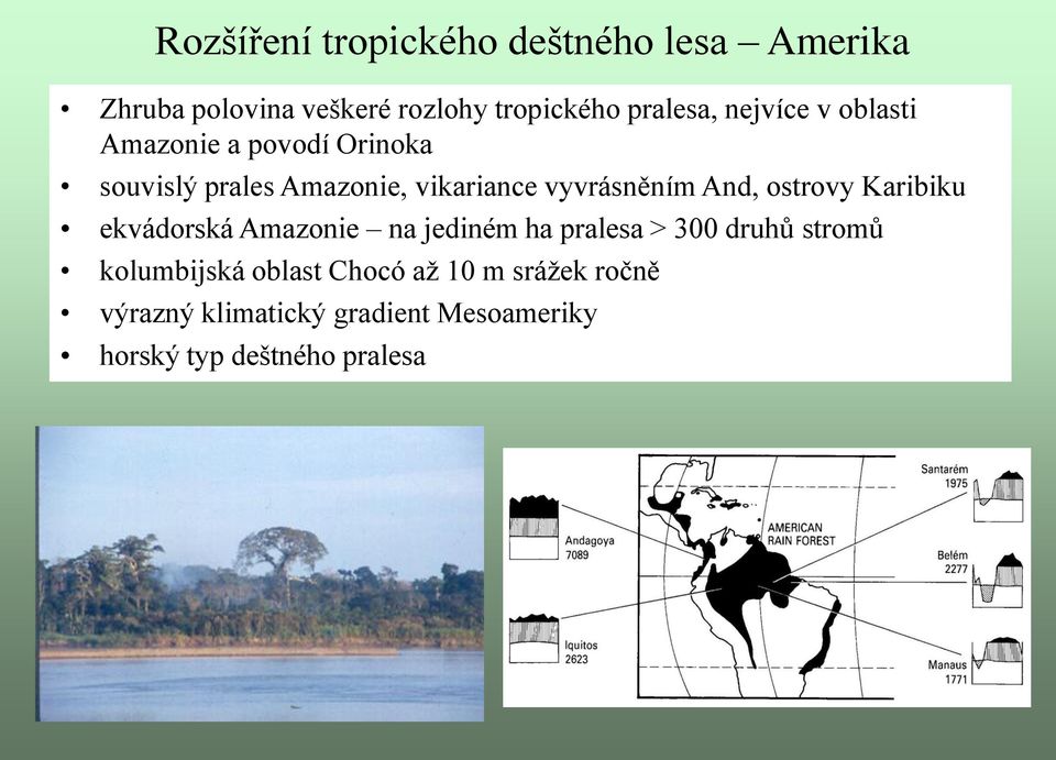 And, ostrovy Karibiku ekvádorská Amazonie na jediném ha pralesa > 300 druhů stromů kolumbijská