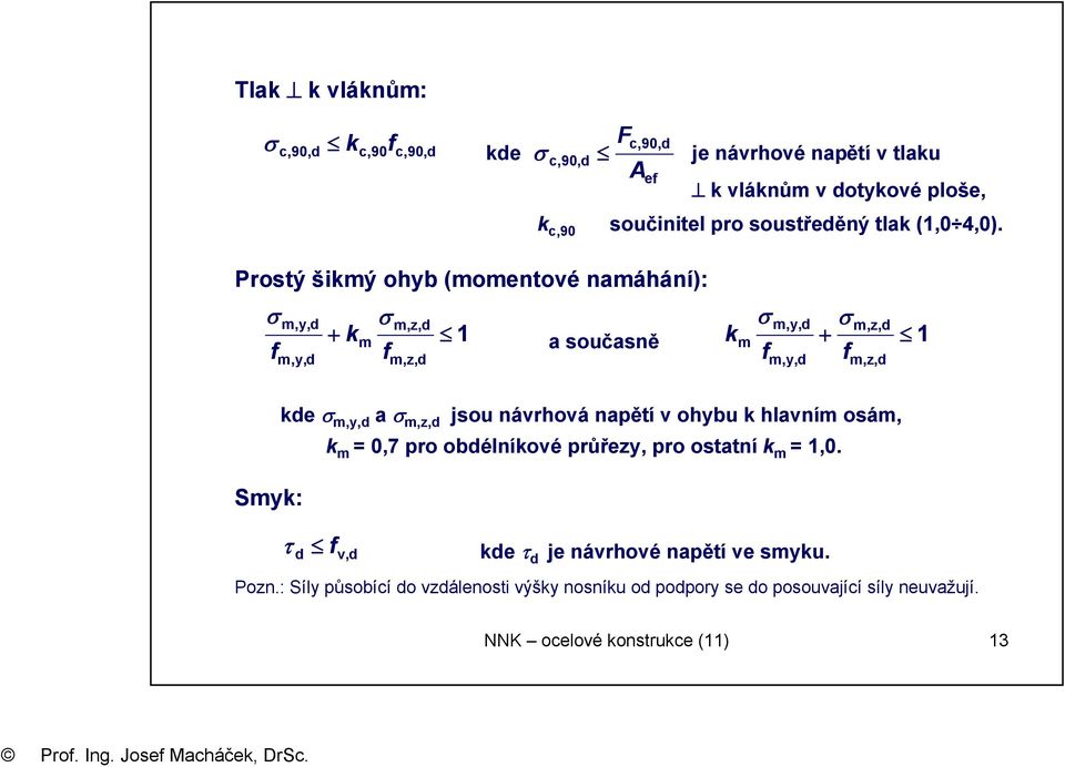 Prostý šimý ohyb (momentové namáhání): f m,y,d m,y,d + m f m,z,d m,z,d 1 a současně m f m,y,d m,y,d + f m,z,d m,z,d 1 de m,y,d a m,z,d