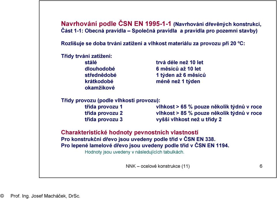 provozu): třída provozu 1 vlhost > 65 % pouze něoli týdnů v roce třída provozu vlhost > 85 % pouze něoli týdnů v roce třída provozu 3 vyšší vlhost než u třídy Charateristicé hodnoty pevnostních