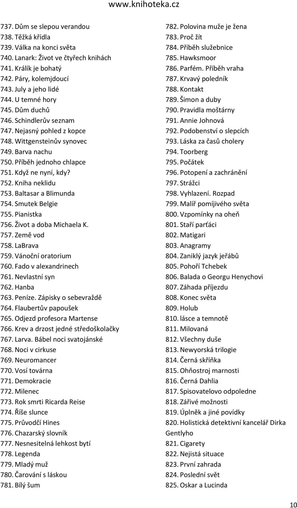 Baltasar a Blimunda 754. Smutek Belgie 755. Pianistka 756. Život a doba Michaela K. 757. Země vod 758. LaBrava 759. Vánoční oratorium 760. Fado v alexandrinech 761. Nevlastní syn 762. Hanba 763.